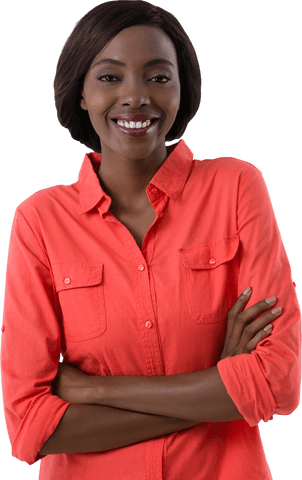 confident young woman in bright coral shirt with arms crossed - Download Free Stock Videos Pikwizard.com