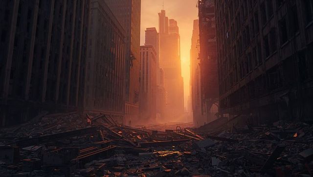 Apocalyptic Urban Street Filled With Rubble and Ruins