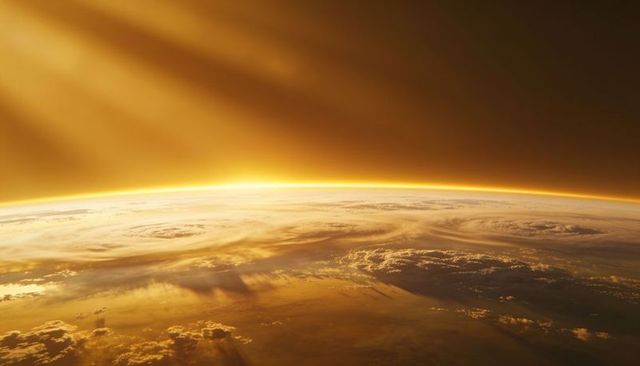 Golden sunrise revealing curved planetary horizon with swirling cloud vortices