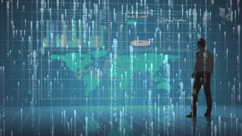 Silhouette of Businessman Analyzing Global Financial Data Interface