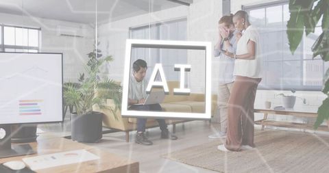 Team discussing ai project in modern office with glowing ai logo and collaborative space