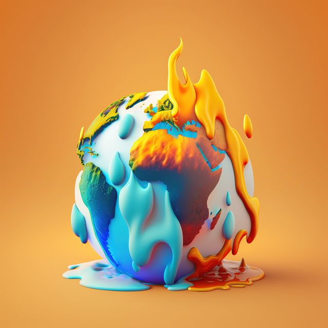 Half burning half melting globe on orange background created using generative ai technology. Global warming and ecology concept, digitally generated image.