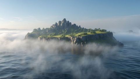 Mystical island emerging from misty sea with verdant plateau