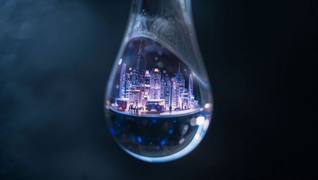 Glowing miniature city floating inside glass droplet at night