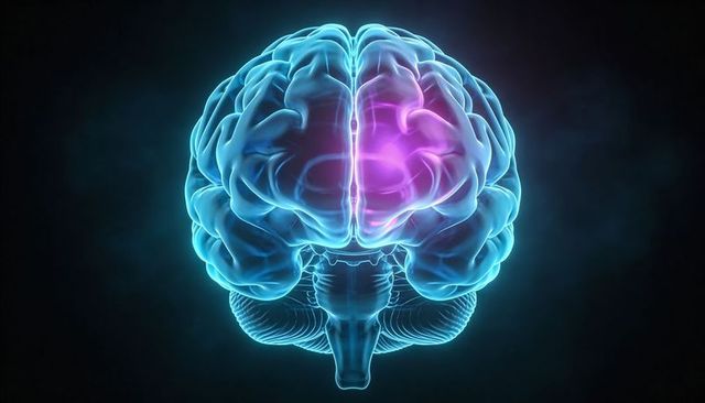 Neon Blue 3D Brain Model Highlighting Purple Lesion for Neurology and Research
