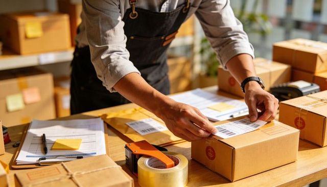 Small Business Worker Applying Barcode Label on Cardboard Box for Shipping and Fulfillment