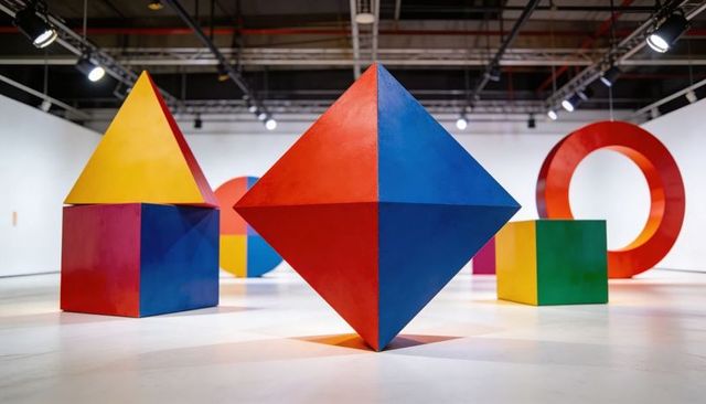 Bold primary color geometric sculpture exhibition with diamond, cube, pyramid and ring