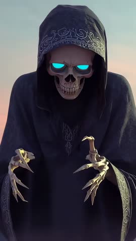 Hooded Skeleton Emerging at Dusk Reaching Forward with Glowing Cyan Eyes — Vertical Video