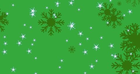 Falling Snowflakes and Shining Stars on Vibrant Green Background
