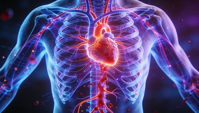 Glowing heart and vascular system through translucent ribcage 3d medical visualization