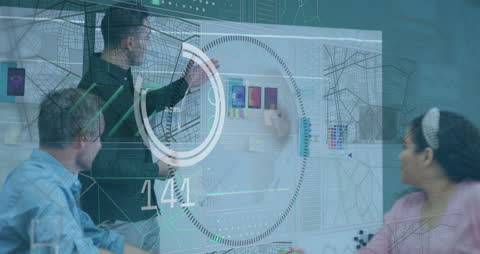 Innovative Team Meeting with Conceptual Digital Interface Overlay