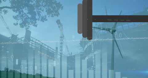 Wind Turbine Overlaid with Financial Data on Construction Site