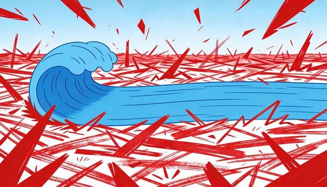 Blue wave curling across white plain scattering red shards abstract surreal scene