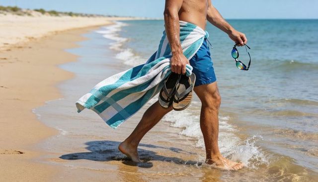 Man walking along sunny beach wearing blue swim trunks, striped towel, holding flip-flops