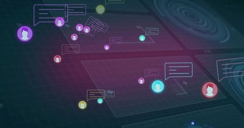 Neon Holographic Chat Network with Floating Avatars, Speech Bubbles and Glowing Nodes