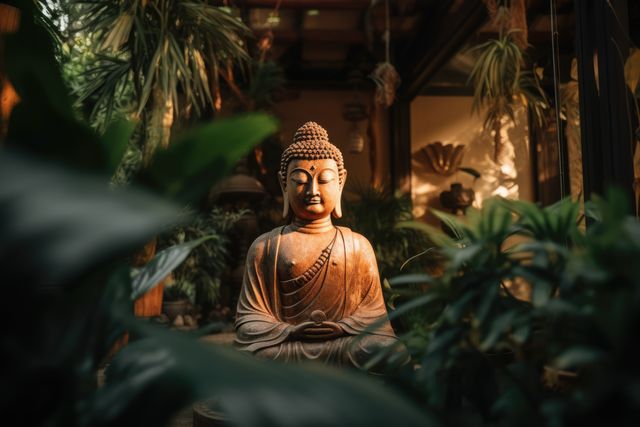 Perfect for projects highlighting peace and spirituality, this serene Buddha statue surrounded by lush green foliage can be used for meditation guides, wellness centers, holistic therapy advertising, or garden design inspiration.