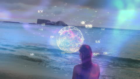 Meditation Near Ocean with Digital Globe Overlay