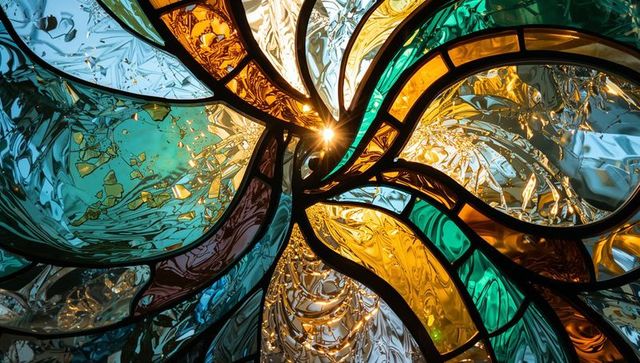 Abstract stained glass with vivid colors and central light
