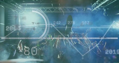 Energetic crowd at concert with interactive data overlays