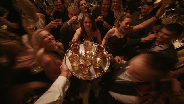 Server carrying tray of whiskey glasses while party crowd reaching and celebrating