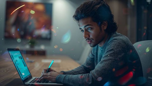 Young man taking notes in digital workspace with glowing pen