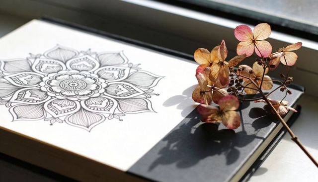 Sunlit mandala sketchbook with dried hydrangea on window sill for mindful art