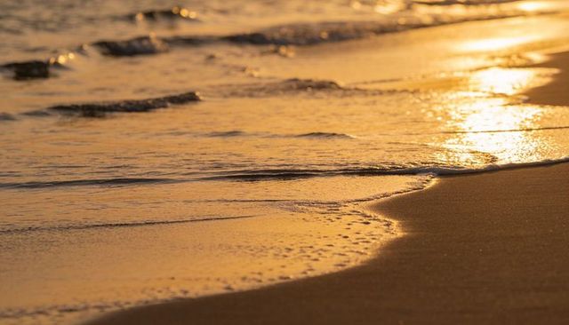 Golden hour shoreline with gentle lapping waves, sunlit sand and shimmering reflections