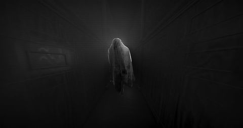 Eerie Ghostly Figure in Dimly Lit Corridor for Halloween