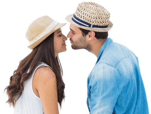 Playful Couple Kissing in Straw Hats Transparent Background