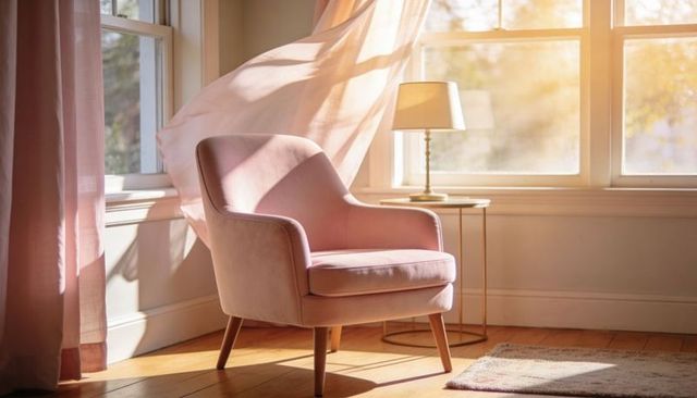 Blush pink armchair basking in warm sunlight by window with midcentury lamp and cozy nook
