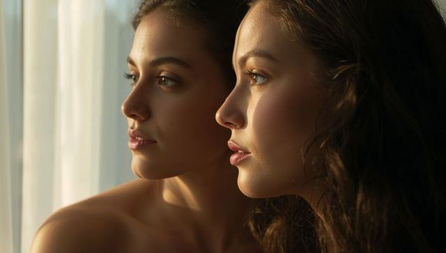 Sunlit profiles of two women at window capturing intimate golden hour glow and soft cinematic beauty