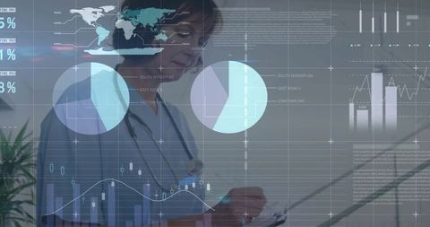 Nurse reviewing digital health analytics on tablet in clinic with interactive dashboard