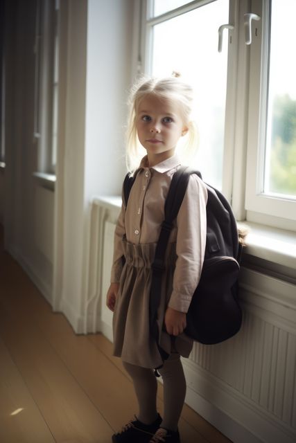 Portrait of caucasian schoolgirl by window, created using generative ai technology. First day of school, learning and education concept digitally generated image.