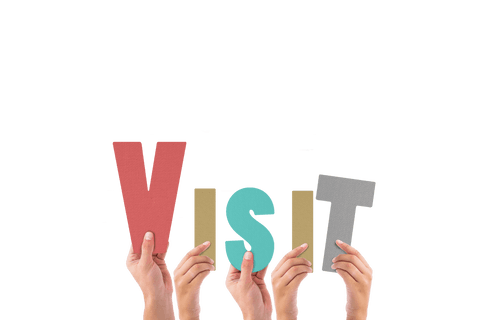 Hands holding 'visit' letters on transparent background travel