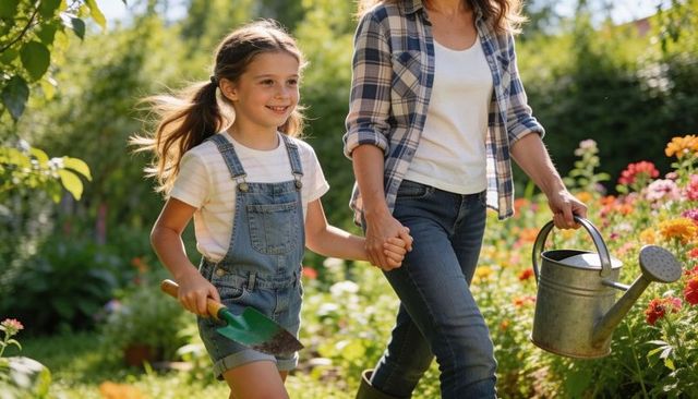 Mother and daughter gardening together in sunlit backyard with watering can and trowel