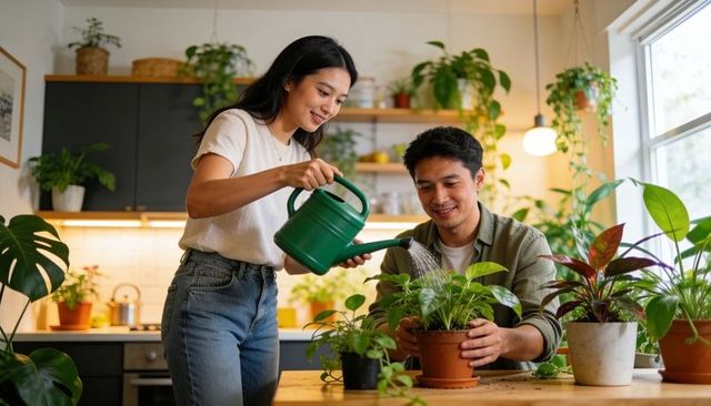 Couple tending indoor plants in sunlit kitchen, watering potted houseplants together