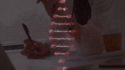 Businesswoman Analyzing DNA Structure in Futuristic Environment