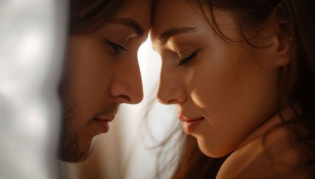 Holding foreheads, couple leaning at window in intimate soft light closeup