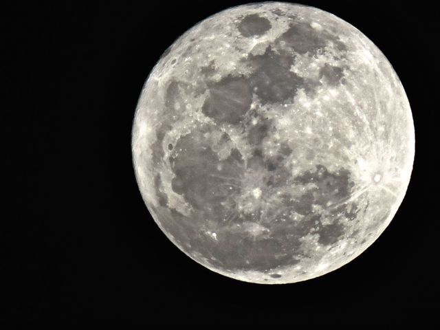 This close-up view of a full moon against a dark night sky highlights the details and texture of the lunar surface, including visible craters and other formations. Ideal for use in educational materials, astronomy articles, and space-themed designs. Great for inspiring designs in science projects, posters, and backgrounds for presentations.