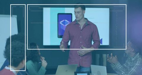 Business presentation on tablet interface with diverse team collaboration