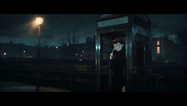 Woman standing in vintage telephone booth on rainy night