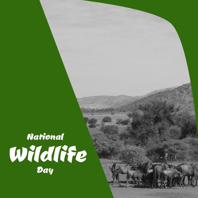 Digital composite image of animals on land with national wildlife day text, copy space. Celebration, raise awareness, wild fauna and flora, protection and conservation.