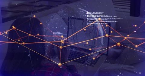 Couple Collaborating on Laptop with Futuristic Orange Network Globe Overlay in Bedroom