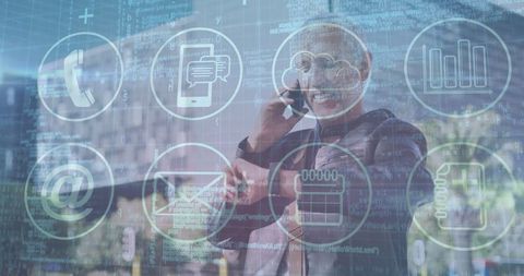 Businessman Connecting Technologies Outdoors with Holographic Interfaces