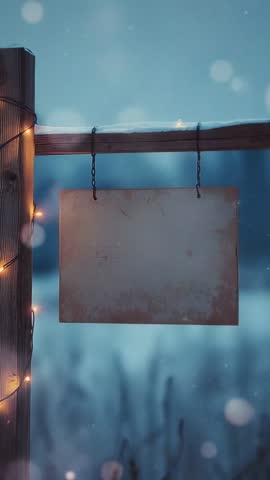 Vertical winter video showing rustic sign swaying on beam with warm lights and drifting snow