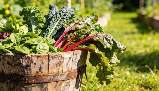 Rustic half-barrel planter overflowing with spinach, kale, swiss chard in sunlit garden