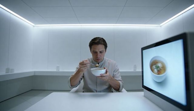Man tasting soup in minimalist clinical testing lab, monitor displaying sample cup
