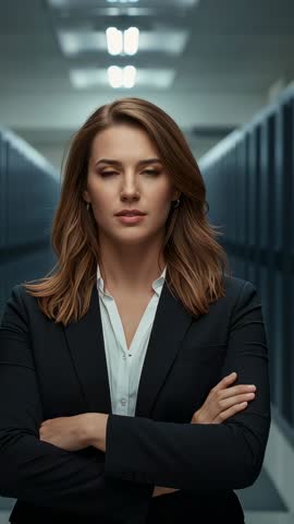 Corporate leader standing with arms crossed between server racks, lights activating vertical video