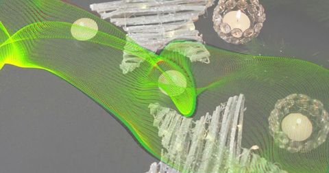 Green Mesh Wave Overlay Sweeping Over Rustic Wood Table with Whitewashed Stars, Glass Votives