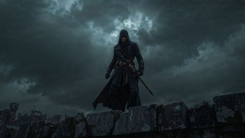 Hooded assassin warrior on fortress battlement amidst dark skies